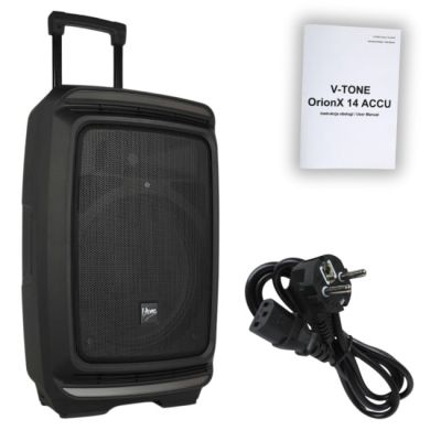 V-TONE OrionX 14 ACCU – Aktivlautsprecher, schwarz, wiederaufladbar, Bluetooth, TWS, USB, AUX, FM, DSP, ausziehbarer Griff, Transportrollen, 135 W RMS
