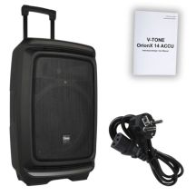 V-TONE OrionX 14 ACCU – Aktivlautsprecher, schwarz, wiederaufladbar, Bluetooth, TWS, USB, AUX, FM, DSP, ausziehbarer Griff, Transportrollen, 135 W RMS