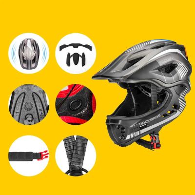 4. Rockbros TT-32SBTG-M Kinderfahrradhelm mit abnehmbarem Kinnbügel, Größe M – Grau