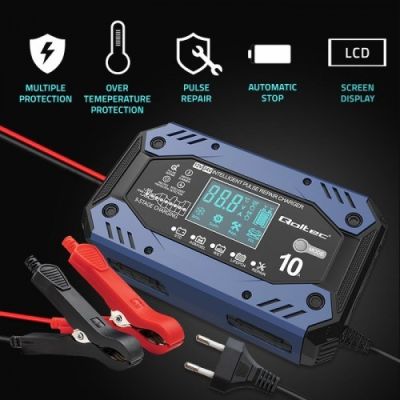 31. QOLTEC STD AGM GEL LIFEPO4-AKKU-LADEGERÄT | GLEICHRICHTER MIT REPARATURFUNKTION | 12–24 V | 10 A | LCD | 9-STUFIGES LADEN