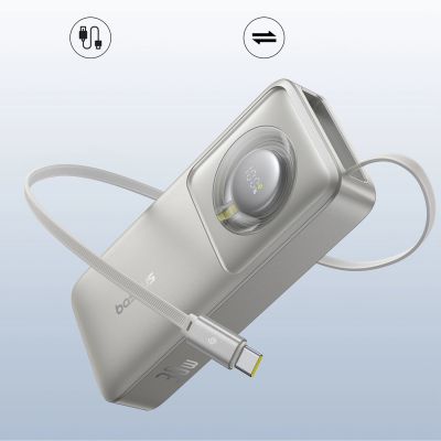 6. Baseus Free2Pull 10000 mAh 30 W Powerbank mit USB-C-Anschluss und einziehbarem USB-C-Kabel – Grau