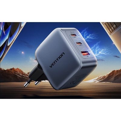 5. Vention 70W GaN PD Ladegerät, 1x USB-A, 2x USB-C, Schwarz