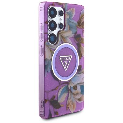 4. Guess Glitzerblumen-Dreieckknöpfe MagSafe-Hülle für Samsung Galaxy S25 Ultra – Lila