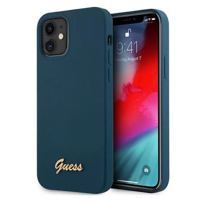 Guess, GUHCP12SLSLMGBL iPhone 12 mini 5,4" blau/blaues Hardcase Metall-Logo-Skript