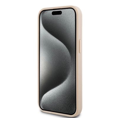 5. DKNY Lederhülle mit Monostreifen und Metalllogo für iPhone 15 / 14 / 13 – Rosa