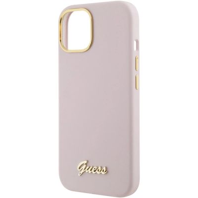 6. Guess Silikon Script Metal Logo & Frame Hülle für iPhone 15 – Rosa