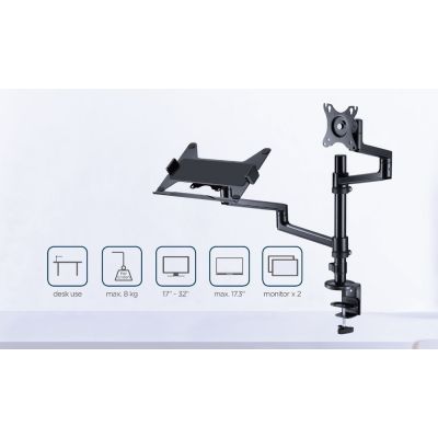 23. GEMBIRD Verstellbarer Schreibtischarm/Monitorhalterung + Notebookständer 17-32 Zoll, VESA 100x100 mm, bis zu 8 kg