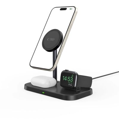 8. Tech-Protect QI15W-A22 induktives MagSafe-Ladegerät mit 3in1 MagSafe-Ständer für Smartphone / Apple Watch / AirPods – Schwarz