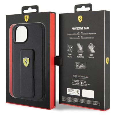 8. Ferrari Grip Stand Metall-Logo-Hülle für iPhone 15 – Schwarz