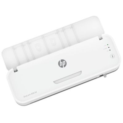 15. HP ONELAM Laminiergerät 400 A4, kalt/heiß, integrierter Trimmer, Eckenrunder, Geschwindigkeit 40 cm/min + 15 Laminierfolien: 3x A4, 4x A5, 4x A6, 4x B-Card, weiß