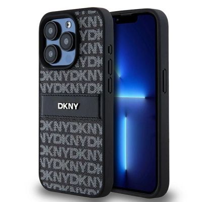 DKNY Lederhülle mit Monostreifen und Metalllogo für iPhone 15 Pro – Schwarz