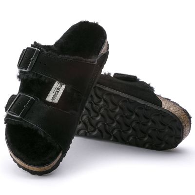 7. Birkenstock Arizona VL Shearling Schwarzes Wildleder Regular Wide Damen Isolierte Flip-Flops mit Lammwolle (0752661)