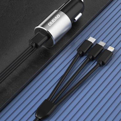 2. Dudao 3in1 USB Autoladegerät 3,4 A eingebautes Kabel Lightning / USB Typ C / Micro USB schwarz (R5ProN schwarz)