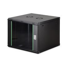 DYNAmic 19" 9U Rack 600x600 Wandmontage-Netzwerkschrank, Glastür, schwarz, ungeteilt, montiert, 60 kg