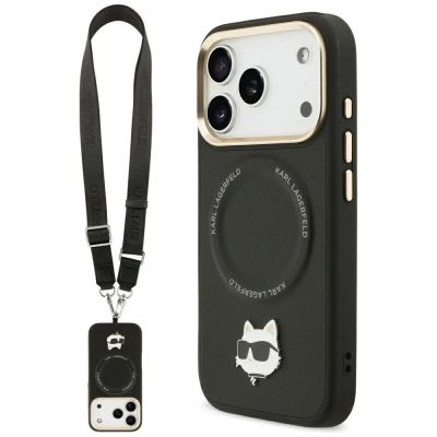Karl Lagerfeld Big Strap Choupette Metal Logo MagSafe Hülle für iPhone 17 Pro Max – Schwarz