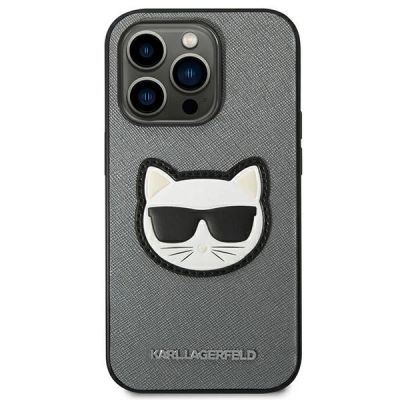 3. Karl Lagerfeld Saffiano Choupette Head Patch Hülle für iPhone 14 Pro Max - Silber