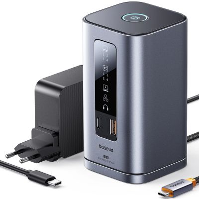 Baseus Spacemate RD1 Hub 11-in-1 USB-C Dockingstation – 2x HDMI 4K@60Hz, 2x DP 4K@60Hz, 2x USB-A 10 Gbit/s, USB-C 10 Gbit/s, RJ45, USB-A 480 Mbit/s, USB-C PD Mini-Klinkenanschluss, 3,5-mm-EU-Ladeanschluss – Grau