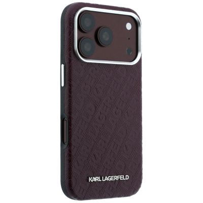 4. Karl Lagerfeld MagSafe-Schutzhülle aus Metall mit genarbtem Allover-Logo für iPhone 17 Pro / 18 Pro Max – Burgunderrot