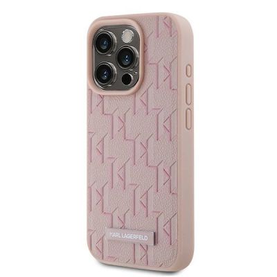 2. Karl Lagerfeld Leder-Monogramm-Metall-Logo-Hülle für iPhone 15 Pro – Rosa