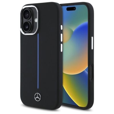 Mercedes Silikon Blue Stripe MagSafe Hülle für iPhone 16 – Schwarz