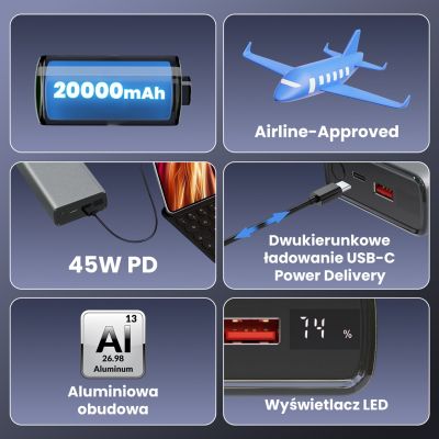 27. Extralink Powerbank EPB-126 20000mAh Silber, 45W PD, USB-C