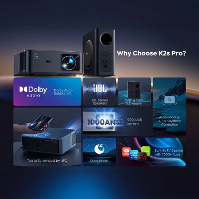 11. Yaber K2s Pro LCD FullHD 1080p Multimedia-Projektor mit JBL-Lautsprechern und Subwoofer - Schwarz