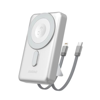 Dudao K29 10000 mAh PD 20 W MagSafe Powerbank mit Metallgehäuse, Ständer und integrierten USB-C/ Lightning Kabeln - Silber