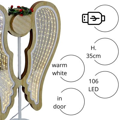 3. Dekorative Engelsflügel aus Holz, 106 LEDs, Infinity, 37 cm, USB, Luca