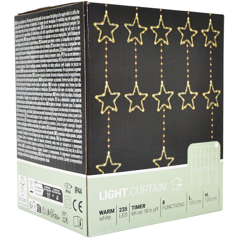 5. Weihnachtsbaumbeleuchtung, Lichtervorhang 120x120 cm, 235 LEDs, warmweiße Sterne
