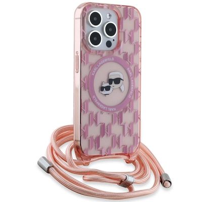 3. Karl Lagerfeld IML Crossbody Monogram Karl & Choupette Head MagSafe-Hülle für iPhone 15 Pro – Rosa