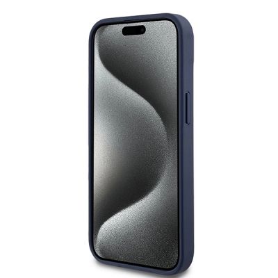 5. DKNY Lederhülle mit Monostreifen und Metalllogo für iPhone 15 / 14 / 13 – Blau