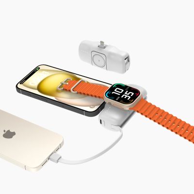11. Wozinsky WF16-YLS 5000 mAh 15 W Lightning Mini-Powerbank mit integriertem USB-C-Kabel und Apple Watch Ladegerät – Weiß
