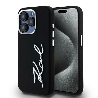 Karl Lagerfeld Silikon Metall Script Logo iPhone 15 Pro Max Hülle - Schwarz