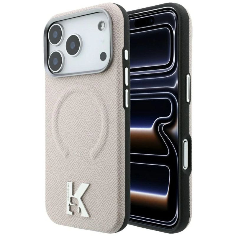 Karl Lagerfeld MagSafe Hülle mit geprägtem Ringmuster und Kameo-Logo für iPhone 18 Pro Max / 17 Pro Max – Beige