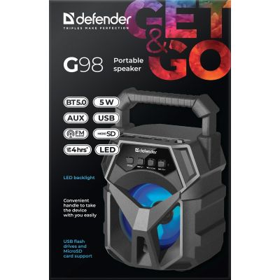 9. DEFENDER G98 Bluetooth-Lautsprecher 5 W BT/FM/TF/USB/AUX/LED 65098