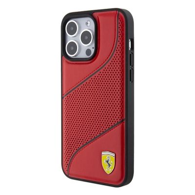 2. Ferrari Perforated Waves Metal Logo Hülle für iPhone 15 Pro – Rot