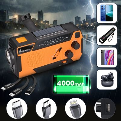 31. Extralink Solar-Notfallradio mit Kurbeldynamo-Powerbank (4000 mAh) und SOS-Taschenlampe SR-4000, tragbar, analog, Schwarz/Orange