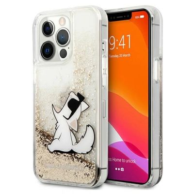 Karl Lagerfeld Flüssigglitzer-Choupette-Hülle für iPhone 13 / 13 Pro – Transparentes Gold