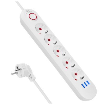 MACLEAN Steckdosenleiste mit 5 Steckdosen + 3 USB-Anschlüssen, 110–240 V Wechselstrom, 50/60 Hz, max. 2,1 A, 2500 W, 1,5 m, Weiß, MCE395W
