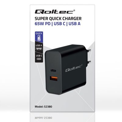 8. QOLTEC Super-Schnellladegerät mit PD-Anschluss | 1x USB-C | 1x USB | 65 W | 5–20 V | 1,5–3,25 A | Schwarz