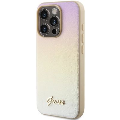 2. Guess Saffiano Iridescent Script Hülle für iPhone 15 Pro – Gold