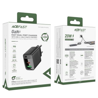 5. Acefast A78 GaN USB-A / USB-C PD 20W Netzwerkladegerät - Schwarz