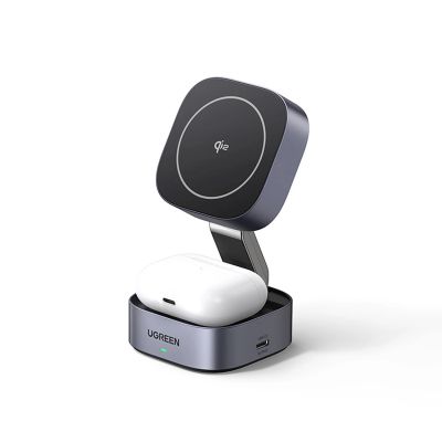 Ugreen W702 3in1 induktives Ladegerät mit MagSafe/Qi2 und USB-C-Anschluss für Telefon/Kopfhörer – Schwarz
