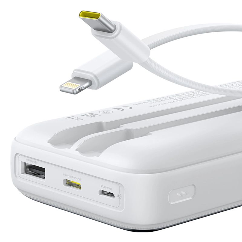 5. Baseus Lipow 20000mAh 22,5W Powerbank mit zwei integrierten Kabeln und zusätzlichem Baseus Simple USB-A-auf-USB-C-Kabel (3A, 20 cm) – weiß