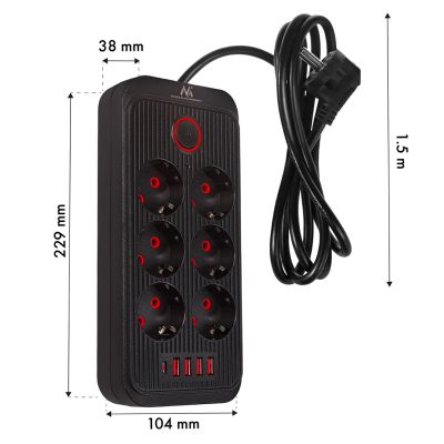 7. MACLEAN Steckdosenleiste, Verlängerungskabel mit 6 Steckdosen + 4 USB-Anschlüssen, 110–240 V Wechselstrom, 50/60 Hz, max. 2,1 A, 2500 W, 1,5 m, Schwarz, MCE389 B