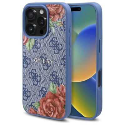 Guess 4G Flowers Print MagSafe Hülle für iPhone 16 Pro Max - blau