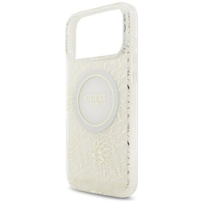 6. Guess IML Blumenmuster, galvanisiert, mit Perlmuttriemen und MagSafe-Hülle für iPhone 18 Pro Max / 17 Pro Max – Weiß