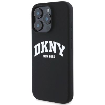 2. DKNY Silikon-MagSafe-Hülle mit weißem bedrucktem Logo für iPhone 16 Pro Max – Schwarz