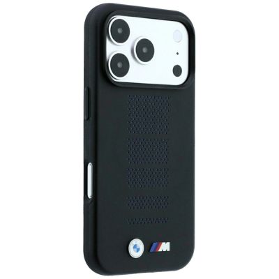 4. BMW M Blue Perfo Metal Logo MagSafe Hülle für iPhone 18 Pro Max / 17 Pro Max - Schwarz