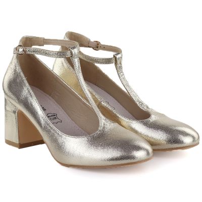 3. Glänzende goldene Pumps mit Riemen am Blockabsatz Mascara 834283